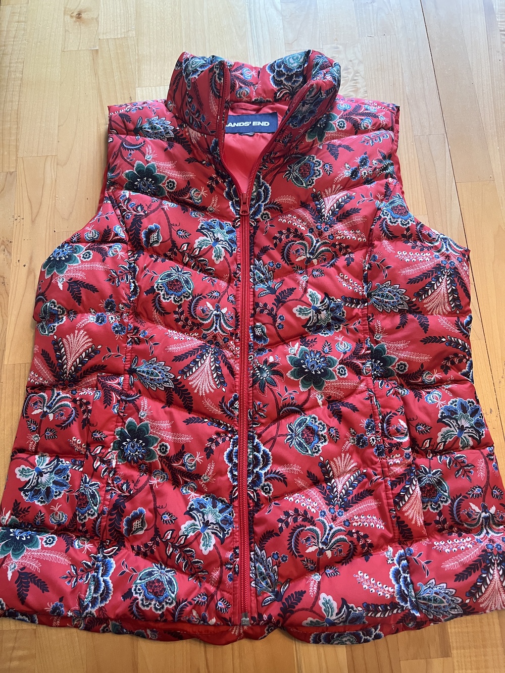 Lands' End Women's Puffer Vest Red Floral Paisley Down Quilted Size L 14-16